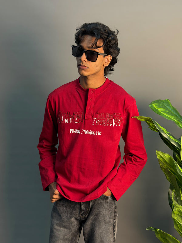 RED FULL SLEEV BOXY HENLEY T-SHIRT