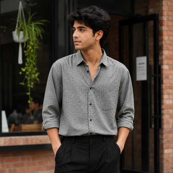 Grey Cross-Hatch Textured Full-Sleeve Shirt