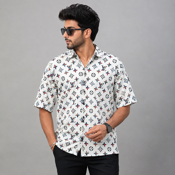 White Multicolor Monogram-Print Five-Sleeve Shirt