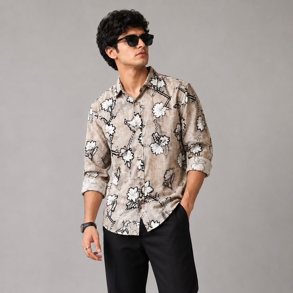 Beige Black Floral-Pattern Full-Sleeve Shirt