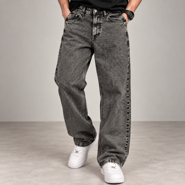 Grey-Black Acid-Wash Mom Fit Jeans