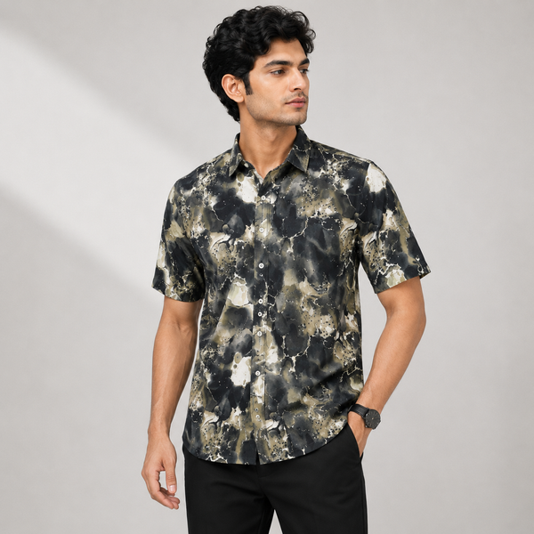 Black Grey White Abstract-Print Short-Sleeve Shirt