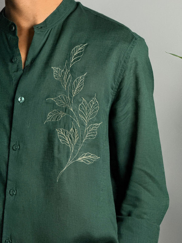 Chinese Neck Embroidery Green Shirts