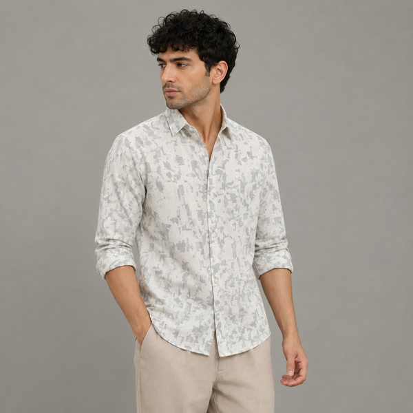 White Light-Tone Geometric Full-Sleeve Shirt