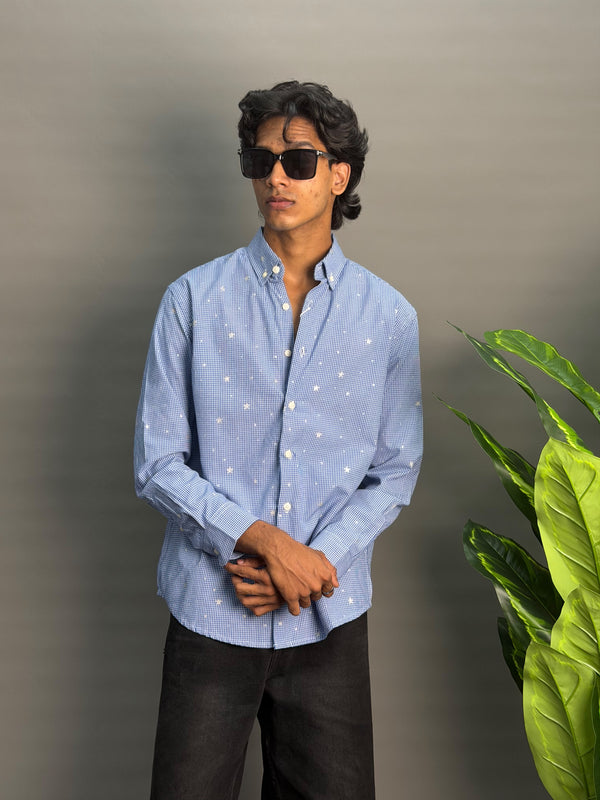 Navy Blue Microchecks With Stars Shirt
