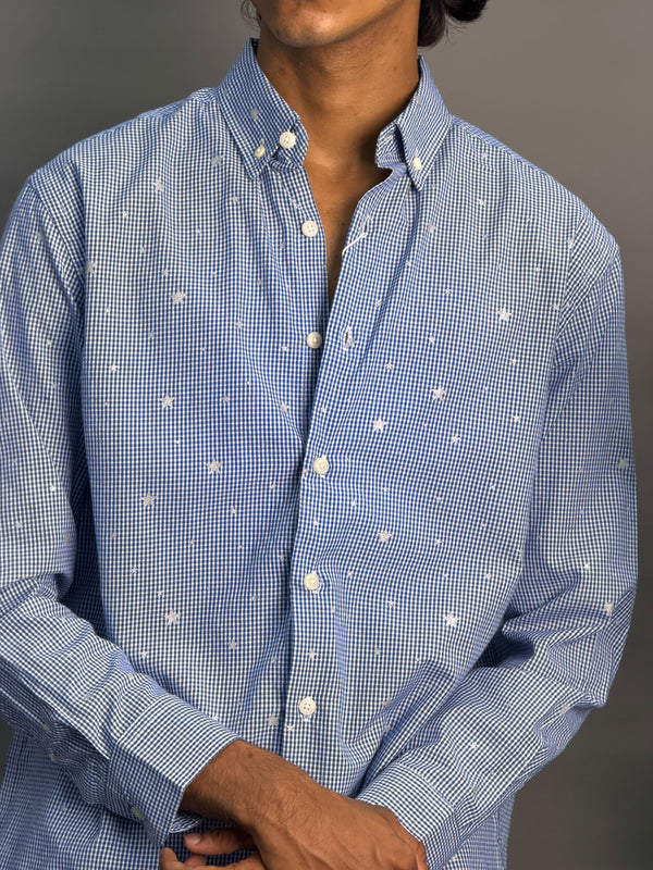 Navy Blue Microchecks With Stars Shirt
