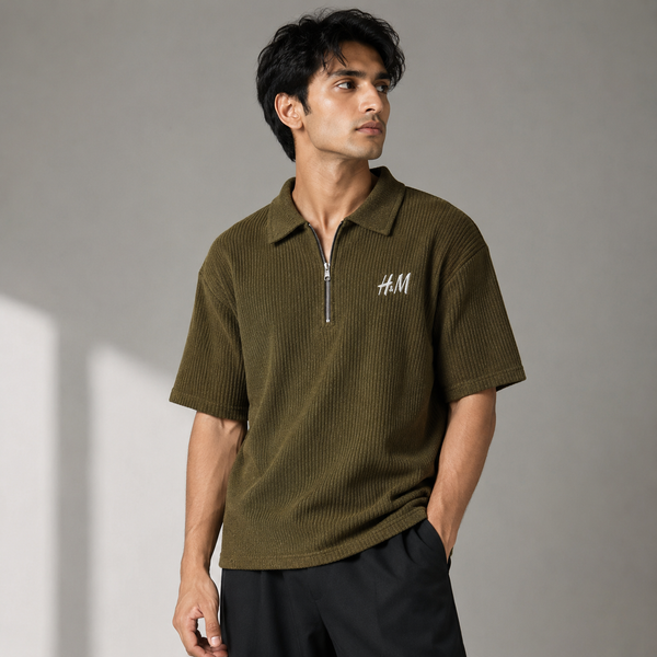 Olive Green Textured Zipper-Collar T-Shirt