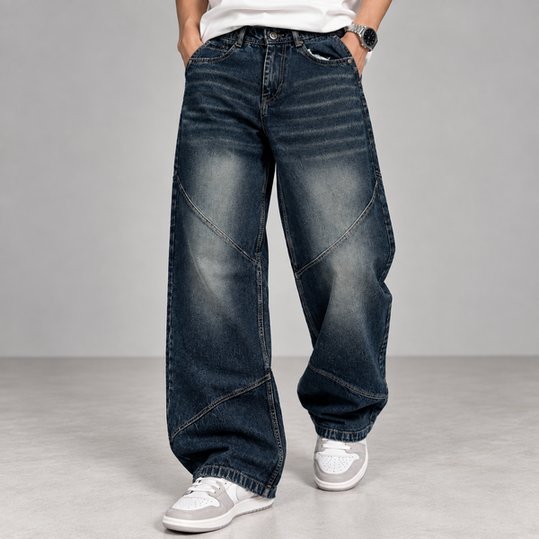 Dark Blue Diagonal-Seam Baggy Fit Jeans