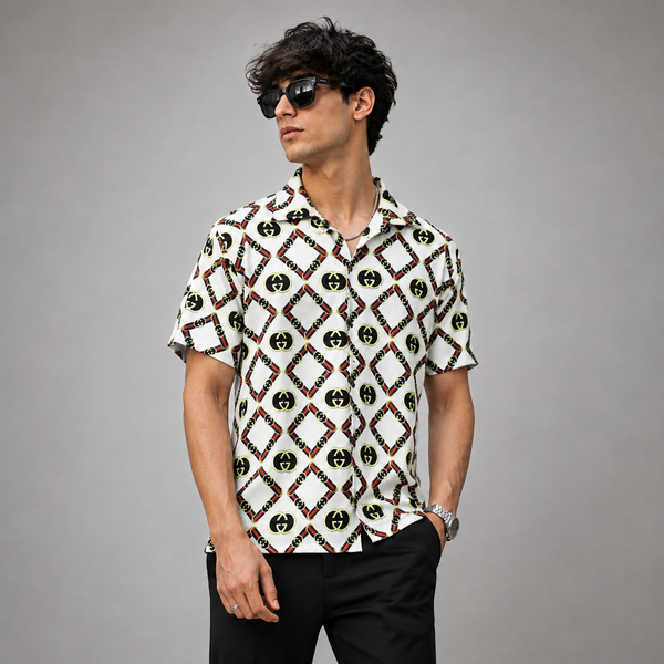 White Geometric Diamond-Pattern Shirt