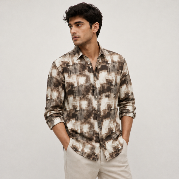 Brown White Brushstroke Tie-Dye Full-Sleeve Shirt