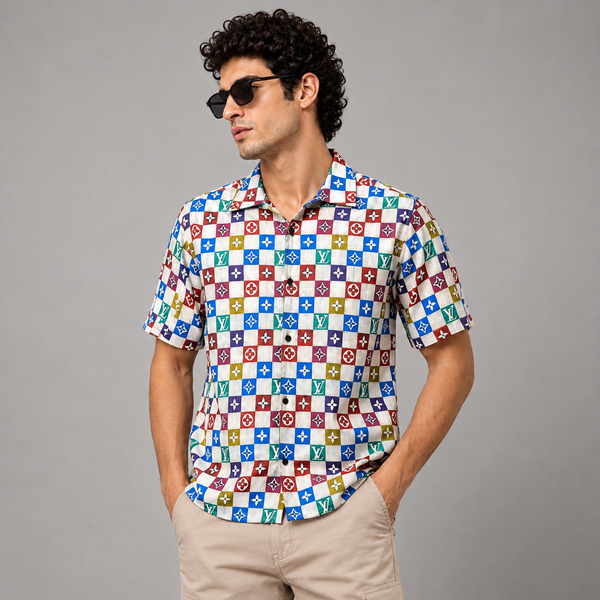 Colorful Checkerboard Five-Sleeve Shirt