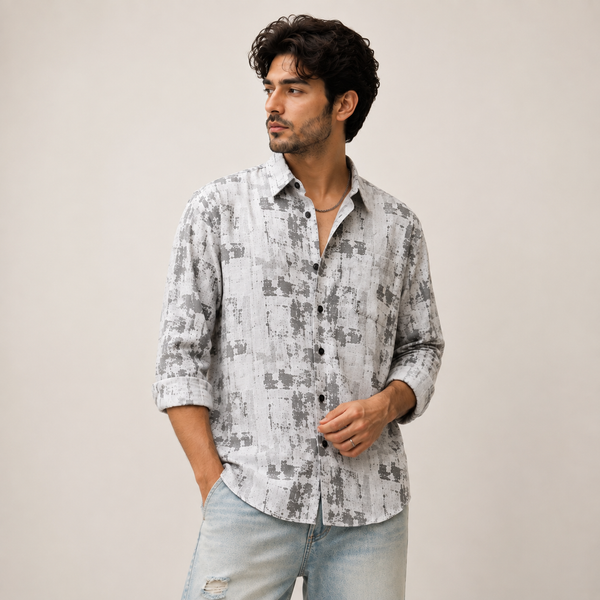 Grey Black Distressed Abstract Full-Sleeve Shirt