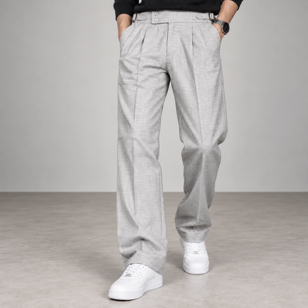 Light Grey Straight Fit Pleated Gurkha Pants