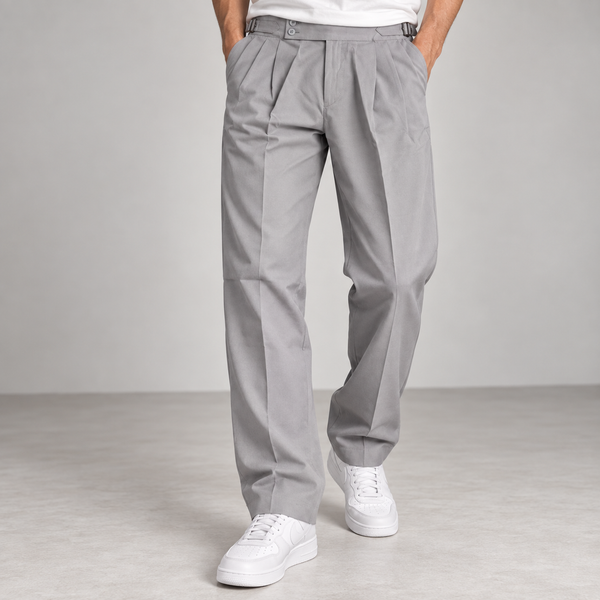 Grey Straight Fit Pleated Formal Pants