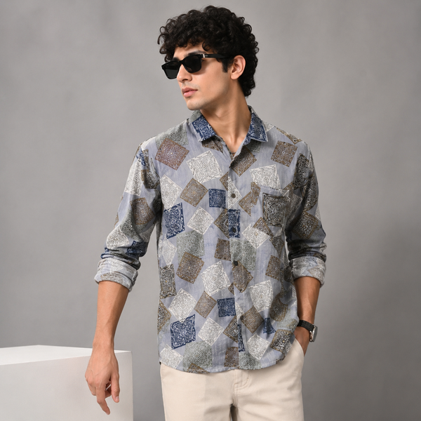Light Grey Geometric Patchwork Full Sleeve Shirt