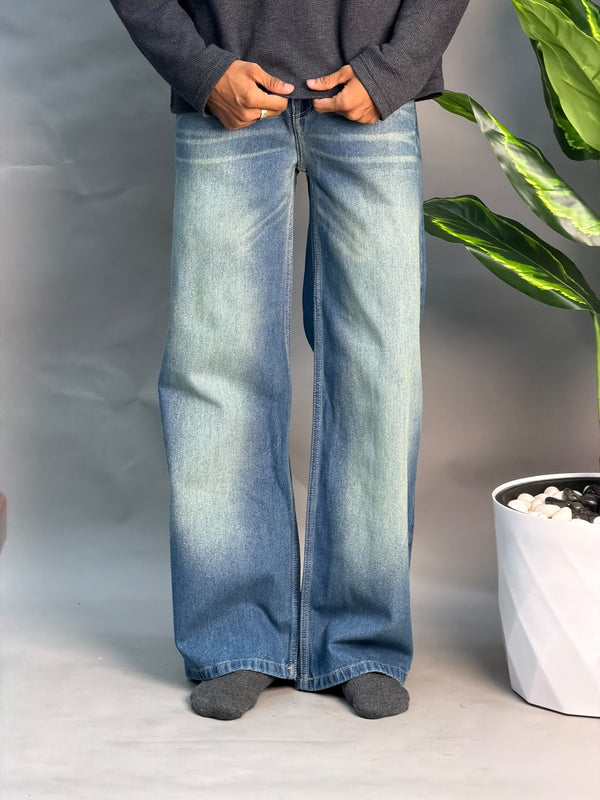 Wide Leg Mid Blue & Light Green Jean