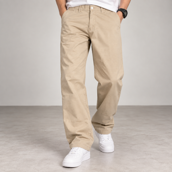 Beige Straight Fit Cotton Pants