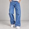 Mid-Blue Patch-Hem Relaxed Jeans