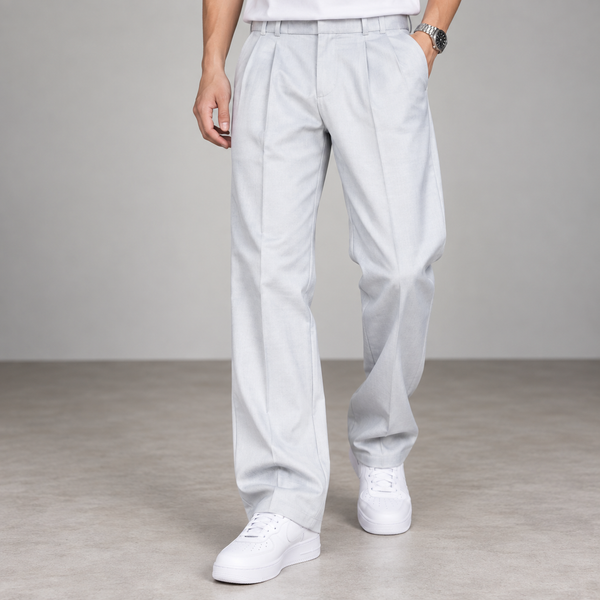 Light Grey Straight Fit Pleated Formal Pants