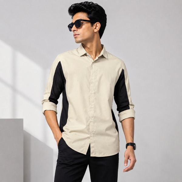 Sage Green Black Color-Block Full-Sleeve Shirt