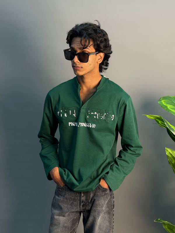 GREEN FULL SLEEVE BOXY HENLEY T-SHIRT