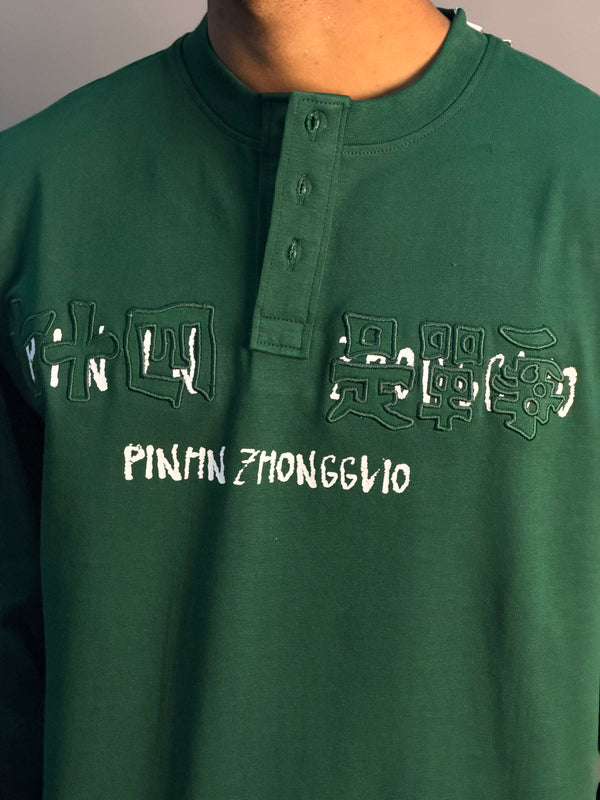 GREEN FULL SLEEVE BOXY HENLEY T-SHIRT