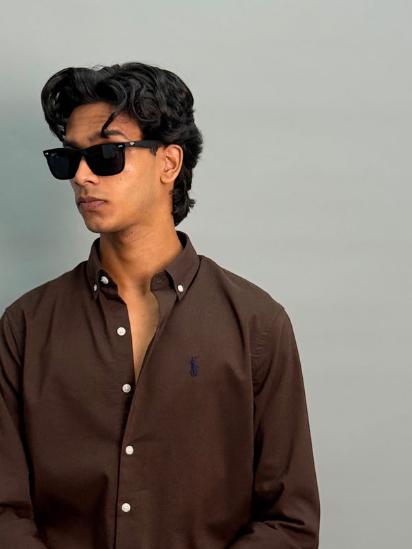 PLAIN POLY LYCRA SHIRT-DARK BROWN