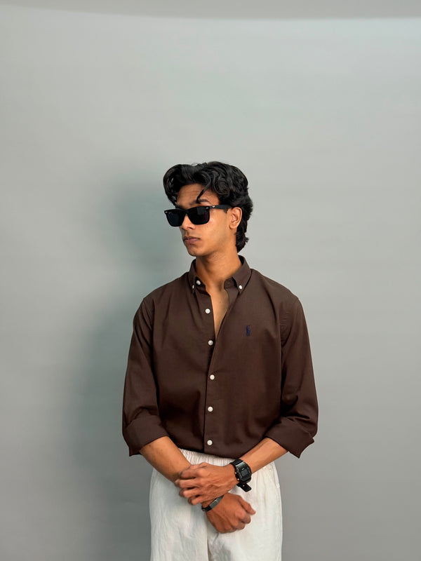 PLAIN POLY LYCRA SHIRT-DARK BROWN