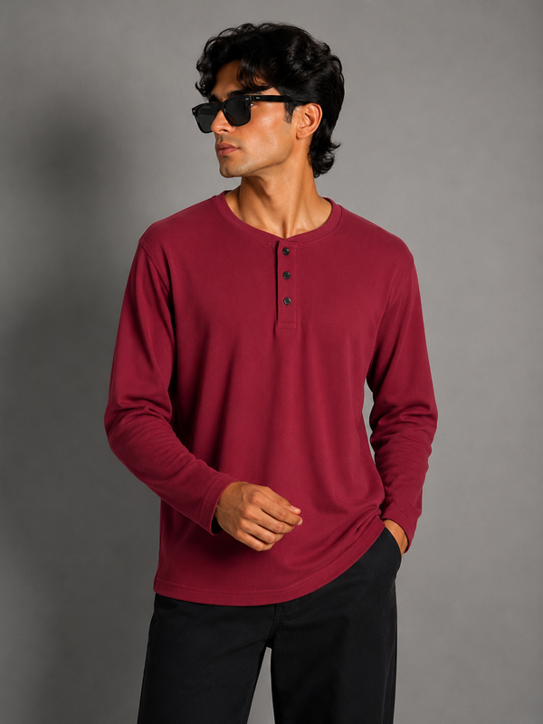 FULL SLEEVE HENLEY T-SHIRT [ MAROON ]
