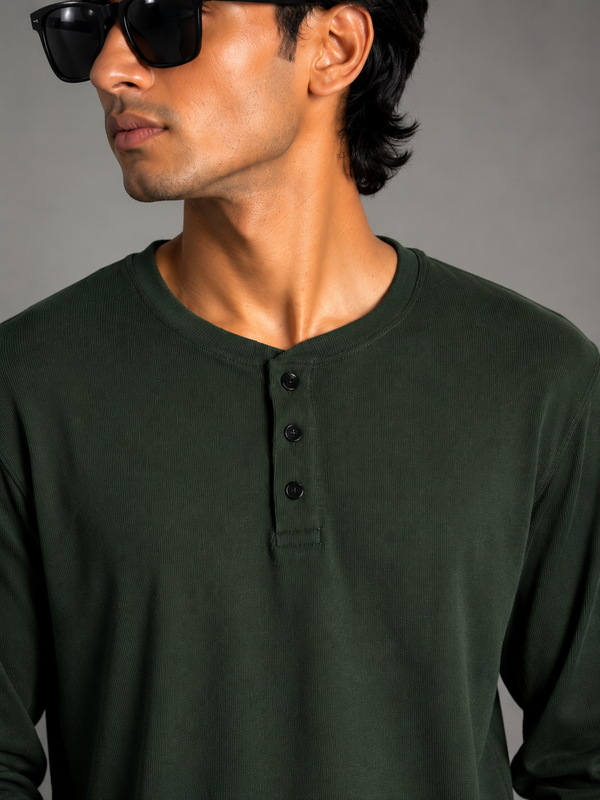 Full Sleeve Henley T-Shirt [ Dark Green ]