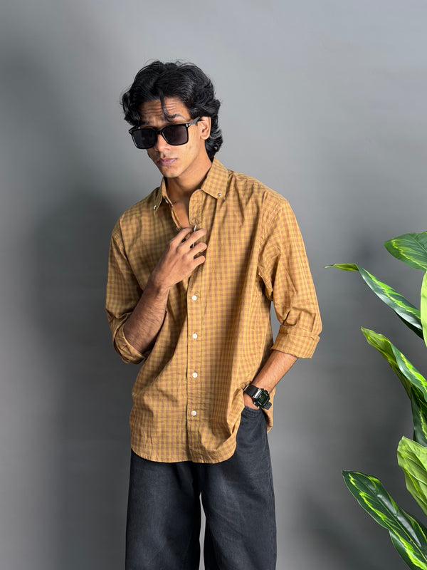 Star Collared Yellow And Brown Check Shirts