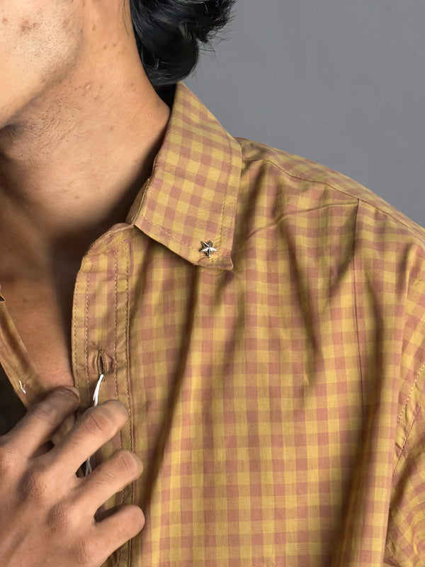 Star Collared Yellow And Brown Check Shirts