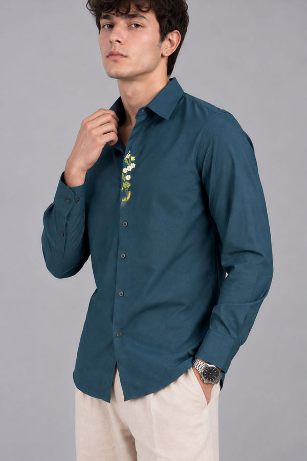 EMBROIDERY SHIRT [ PEACOCK BLUE ]