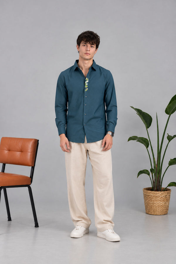 EMBROIDERY SHIRT [ PEACOCK BLUE ]