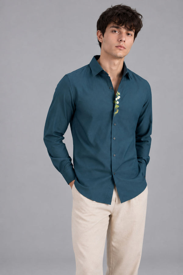 EMBROIDERY SHIRT [ PEACOCK BLUE ]