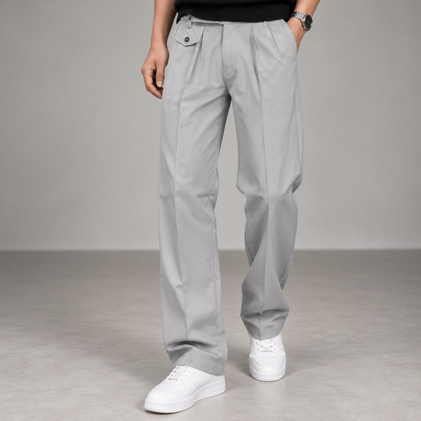 Light Grey Straight Fit Pleated Formal Pants
