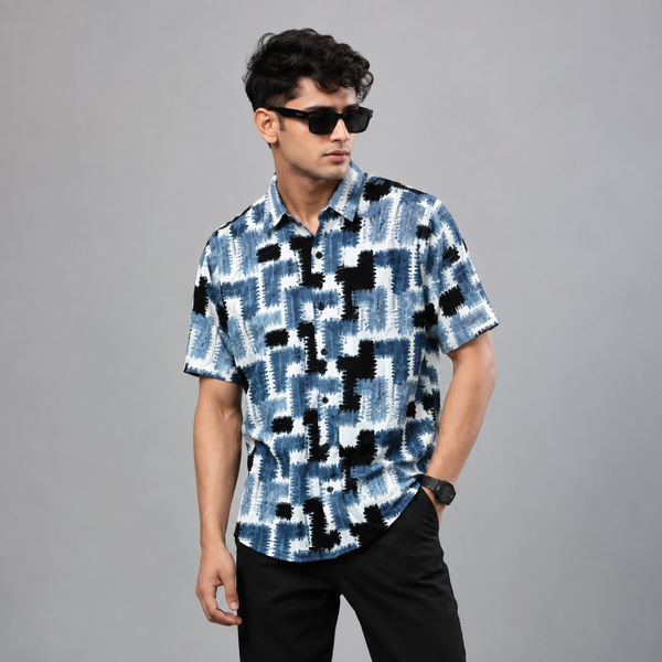Blue Black White Abstract Five-Sleeve Shirt