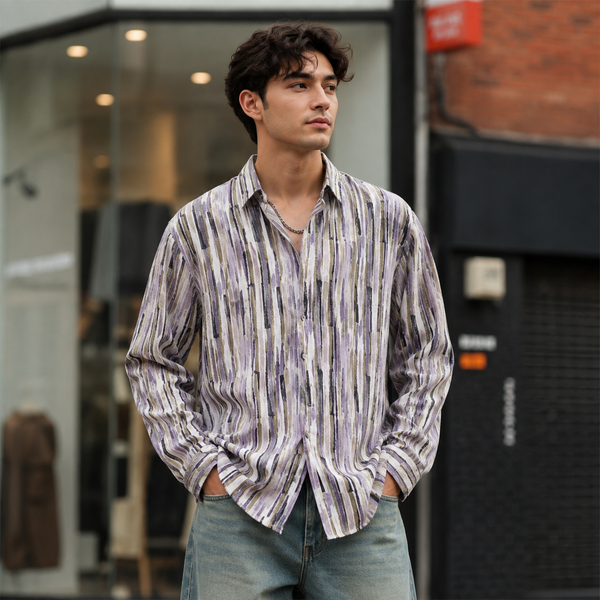 Purple Beige Black Brushstroke Full-Sleeve Shirt