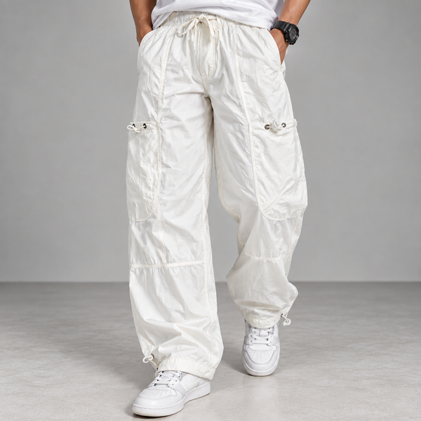 White Cargo Parachute Baggy Pants