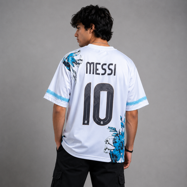 White Blue Floral Football Graphic T-Shirt (Argentina)