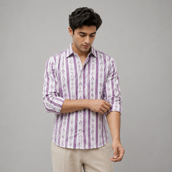 Purple White Ikat-Stripe Full-Sleeve Shirt