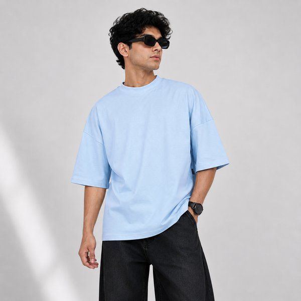 Light Blue Plain Five-Sleeve T-Shirt