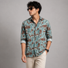 Teal Blue Brown White Abstract-Print Full-Sleeve Shirt
