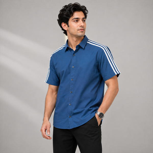 Blue White Shoulder-Stripe Five-Sleeve Shirt
