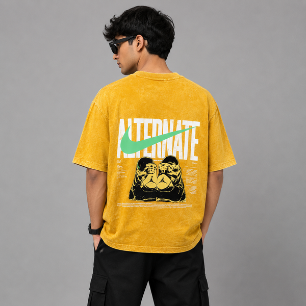 Mustard Yellow Green-Check Graphic Five-Sleeve T-Shirt