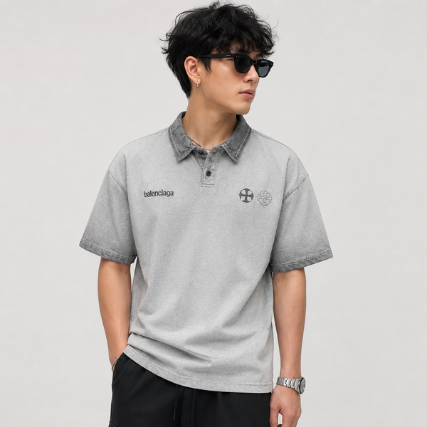 Grey Acid-Wash Collar T-Shirt