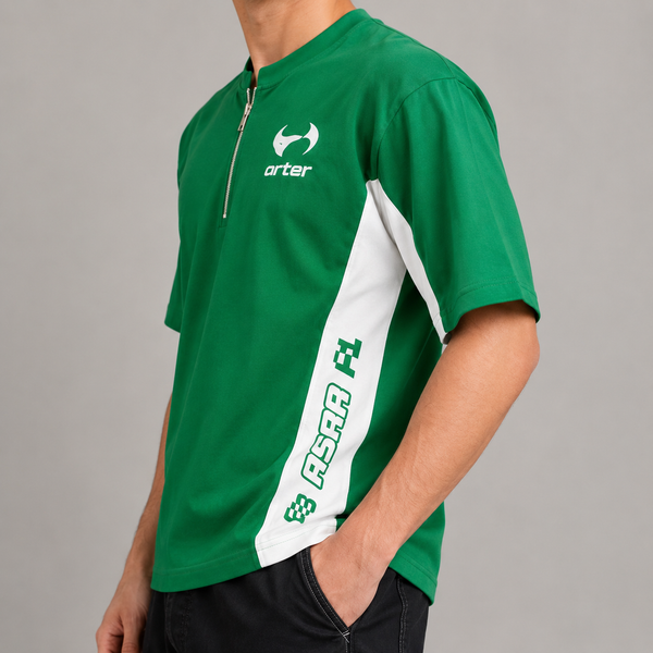 Green Quarter-Zip Striped Five-Sleeve T-Shirt