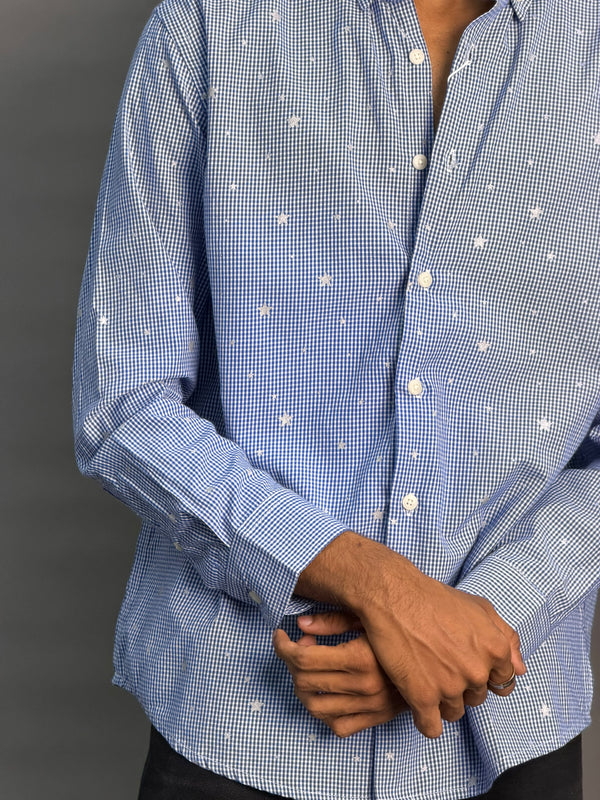 Navy Blue Microchecks With Stars Shirt