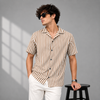 Tan White Vertical-Stripe Five-Sleeve Shirt
