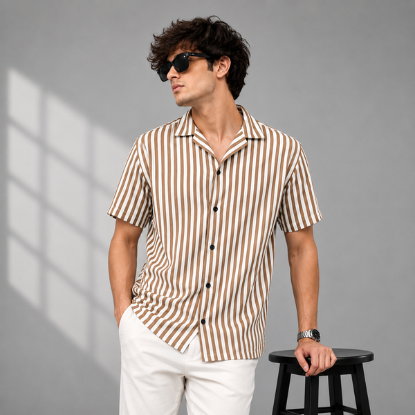 Tan White Vertical-Stripe Five-Sleeve Shirt